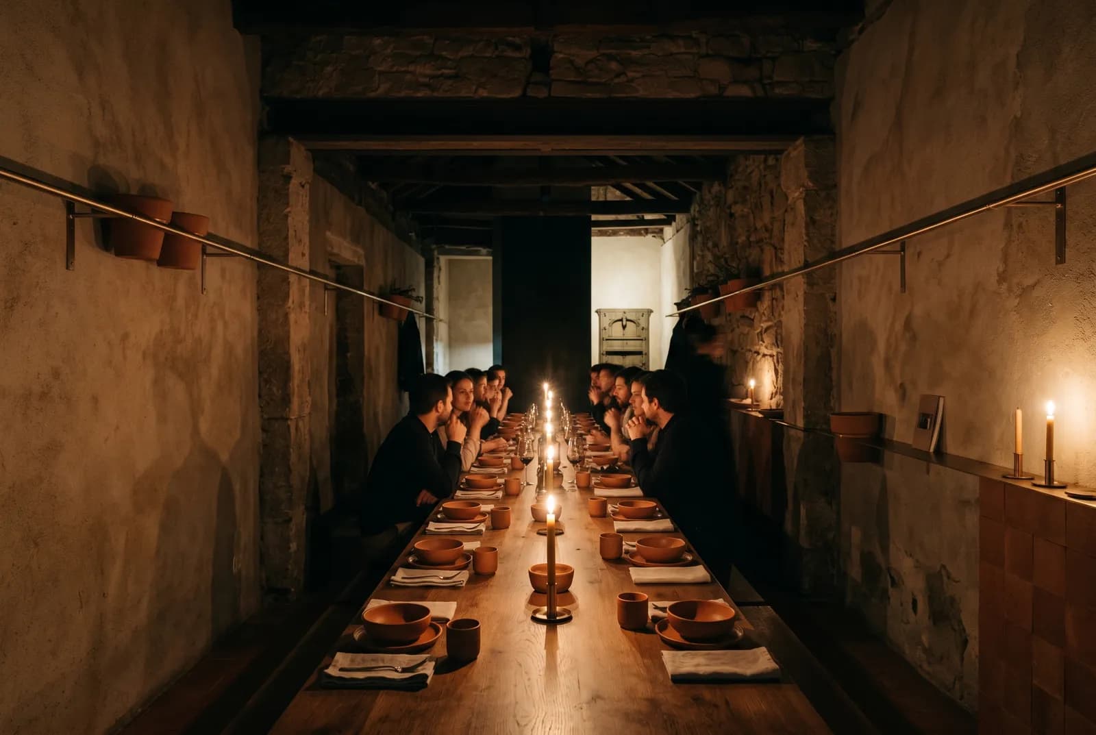 A long communal smoked-oak table in a candlelit Lisbon dining room with terracotta surfaces and a single bronze rail.