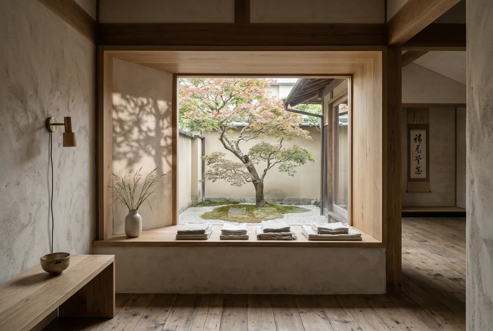 A Kyoto timber pavilion with tadelakt walls and a timber-framed window seat looking onto a courtyard maple.